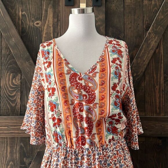 Prettygarden Boho Multicolor Printed V Neck Bohemian Maxed Dress - Picture 3 of 12